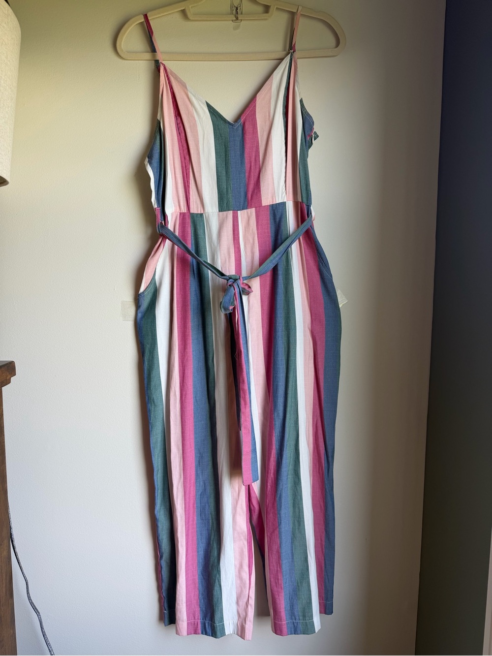 Promesa Striped Sleeveless V-Neck cropped Jumpsuit in Pink, White & Teal pockets